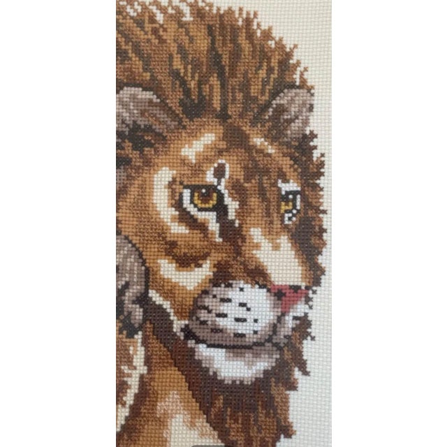 African 1970s Framed Needlepoint of Regal Lion & Lioness For Sale - Image 3 of 6