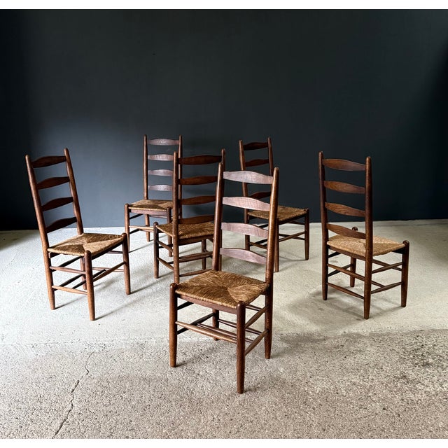 Rustic High Ladder Back Oak and Rush Dining Chairs, Belgium, 1950s, Set of 6 For Sale - Image 4 of 18
