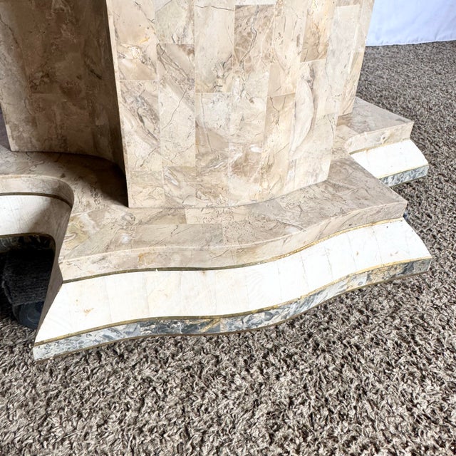 Postmodern Sculpted Grey White and Tan Tessellated Stone Dining Table Base With Brass Inlay For Sale - Image 9 of 10