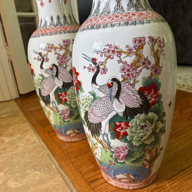 Rose Vintage 24" Chinese Famille Rose Floor Vases - Matching Pair, Crane & Peony Motif For Sale - Image 8 of 12