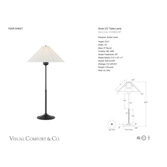 Amber Lewis by Visual Comfort Signature Soren 23" Table Lamp in Bronze with Silk Pleated Shade Designer: Amber Lewis...