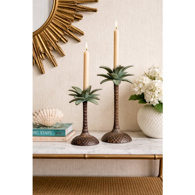 Metal Vintage Hollywood Regency Palm Tree Candlesticks With Verdigris Patina, a Pair For Sale - Image 7 of 8