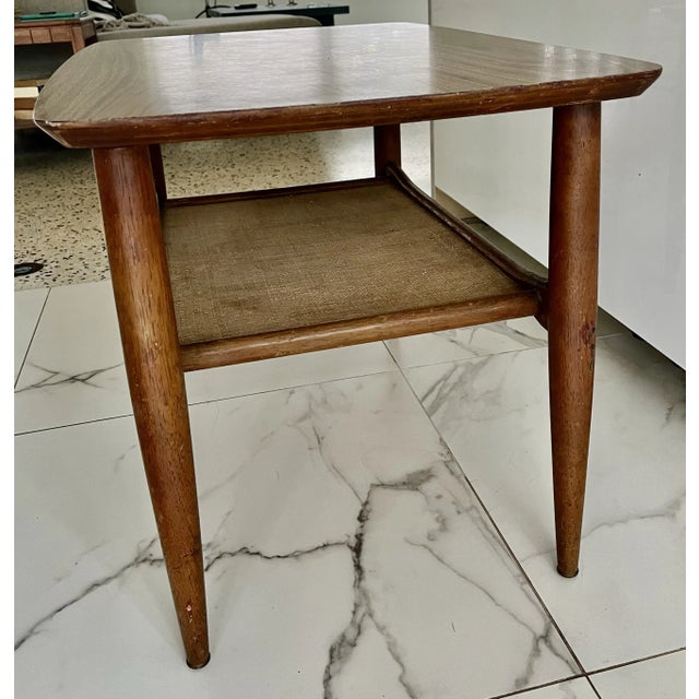 Mid-Century Modern Midcentury Modern Side Table With Wood Base a Wood Grain Laminate Top and a Woven Cane Lower Shelf For Sale - Image 3 of 11