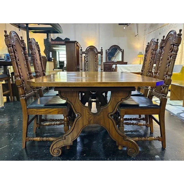 'Majorca' Spanish Style Lyre Leg Oak 102" Extension Refectory Table - Vintage Mid 20th Century With three 12" leaves, this...