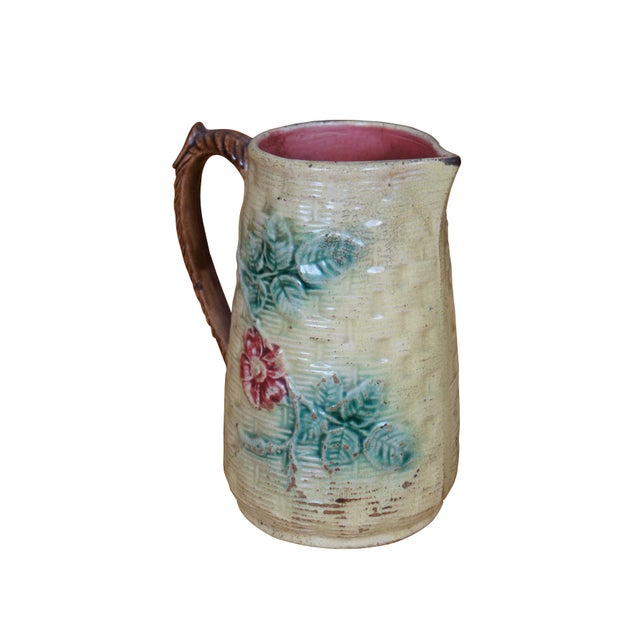 Victorian Antique Majolica Basketweave Dogwood Flower Creamer Pitcher Jug For Sale - Image 3 of 12