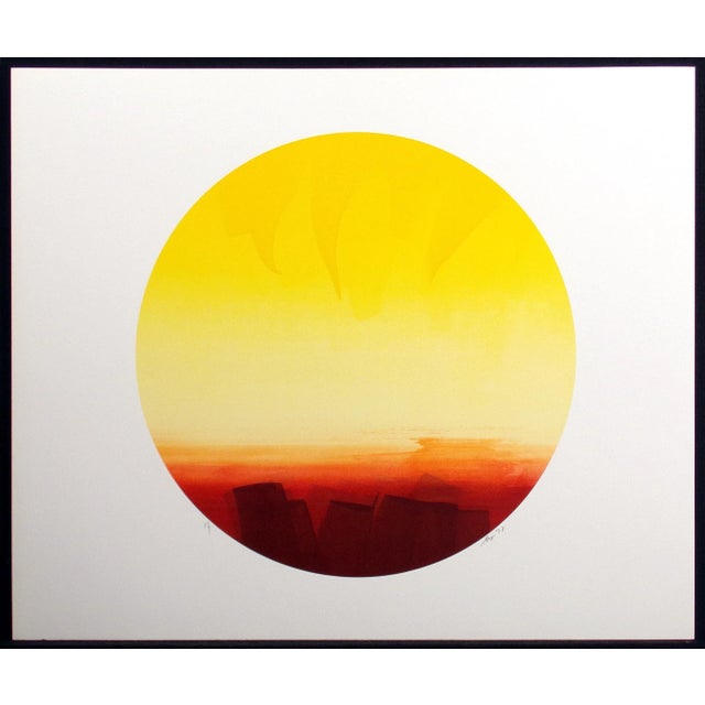 Abstract yellow and red monotype print from 1978. Paper Size: 23" x 28", Image Size: 18" diameter. Offers considered.