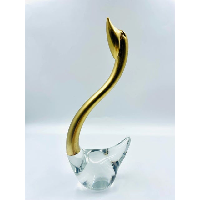 Mid 20th Century Set of 2 Hand Blown Clear Art Glass & Brass Swan Sculptures/Figurines For Sale In Los Angeles - Image 6 of 12