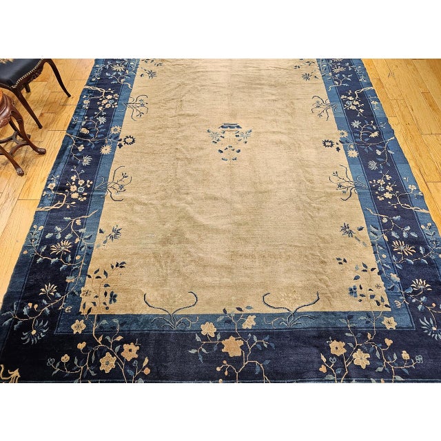 Textile Antique Chinese Peking Rug, Wool Pile, Tan Field, Navy Border, 9' x 12' For Sale - Image 7 of 17