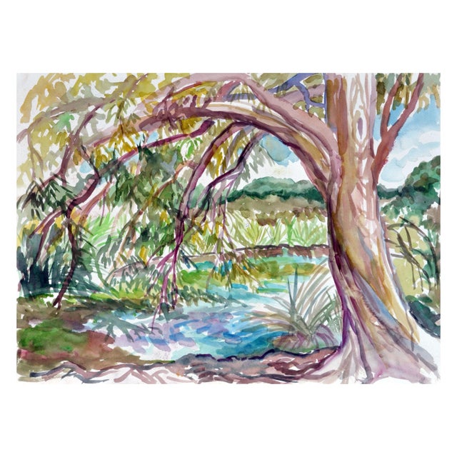 Vintage Watercolor Landscape Tree by Pond by Virginia J Hughins For Sale - Image 4 of 4