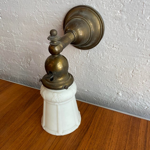 Metal Antique Industrial Brass Wall Sconce With Frosted Glass Shade For Sale - Image 7 of 13