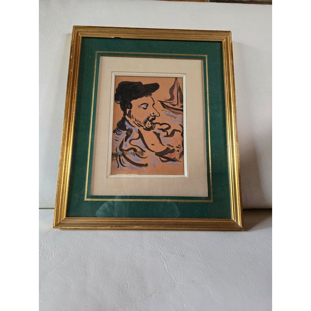 A fine vintage original watercolor painting of a fisherman attributed to Louis Valtat . Having loose brush strokes with...