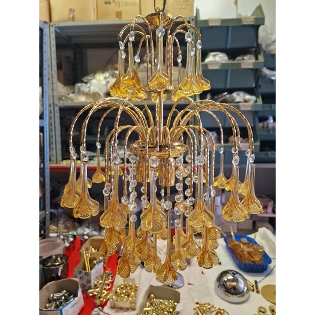 Gold Vintage Gold Rain Chandelier with Crystals and Murano Glass Flowers, Italy, 1966 For Sale - Image 8 of 15