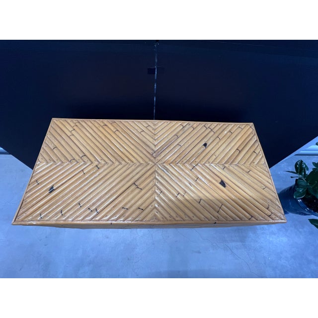 Vintage coastal chevron bamboo console with brass plinth. Very strong and sturdy. Back and front are both finished...