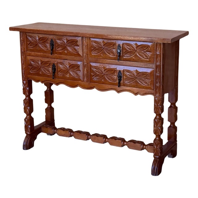 19th Century Catalan Spanish Carved Walnut Console Sofa Table, Four Drawers For Sale