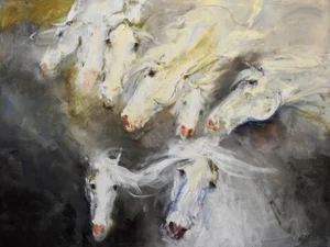 Metaphysical Equestrian Oil Painting, Whites, Off Whites, "Viii Horses Come"