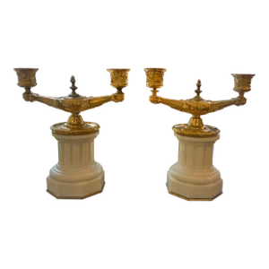 Pair, 19th Century Grand Tour Gilt Bronze & White Marble Candelabras