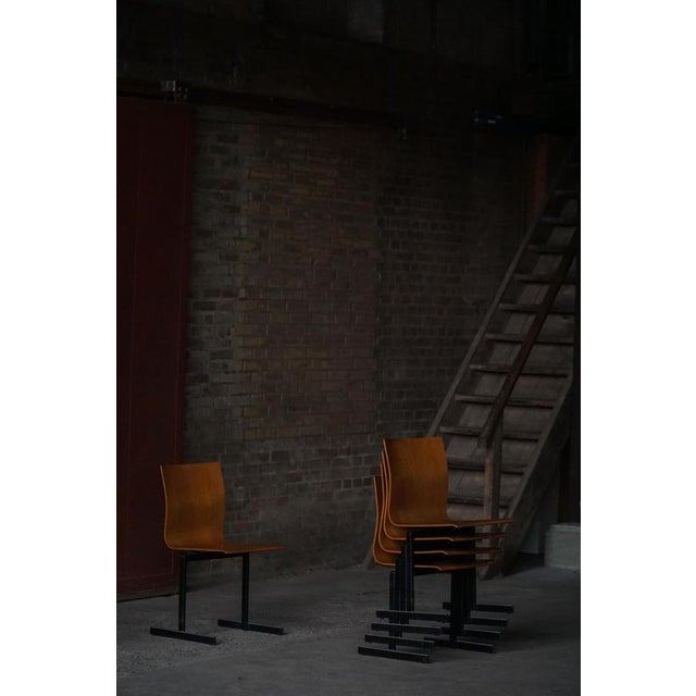 Industrial Stackable Chairs in Black Metal and Oak attributed to Niels Larsen, 1960s, Set of 6 For Sale - Image 14 of 18