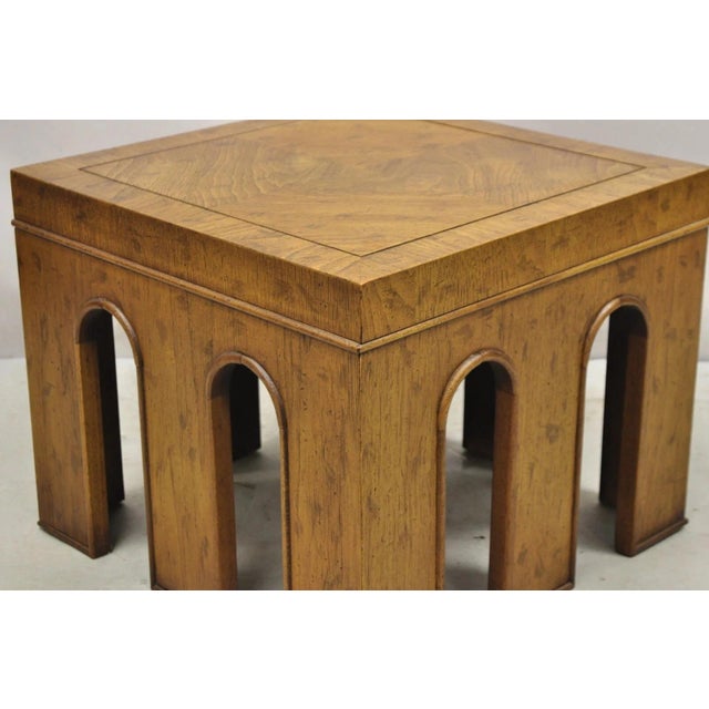 Brown Vintage Drexel Wellington Arched Hollywood Regency Burl Wood Pedestal Side Table For Sale - Image 8 of 11