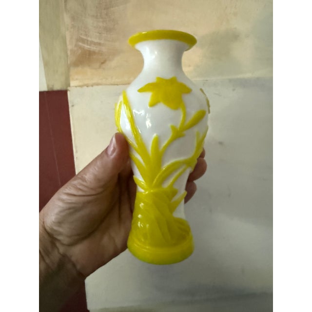 Pair of Mid-Century Peking Glass Vases With Carved Yellow Floral and Butterfly Motif | Chinese Overlay Glass on Wood Stands For Sale In Chicago - Image 6 of 10