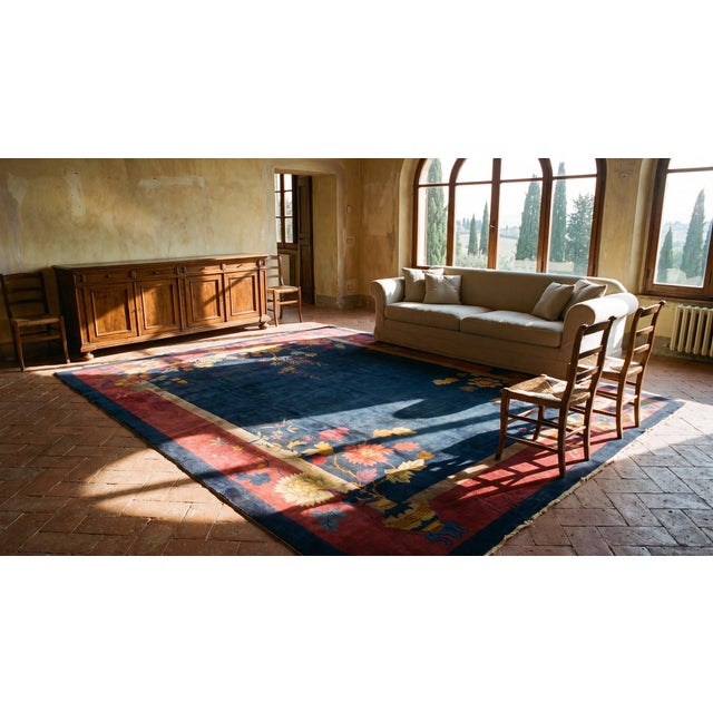 1920s Blue Field Floral Antique Chinese Art Deco Carpet 9' X 11'8" Knotted Wool Rug For Sale - Image 14 of 15