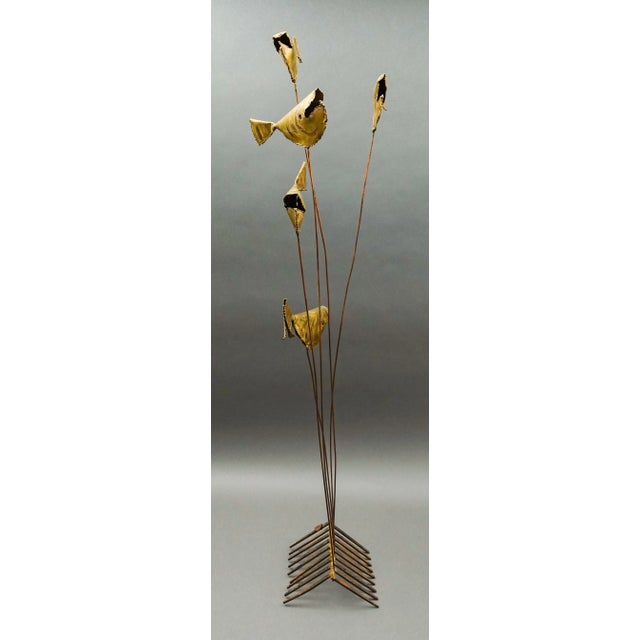 DeGroot Brutalist Mid Century Modern Mixed Metal Brass Copper Iron Kinetic 5 Fish Sculpture. Measures approximately 12...