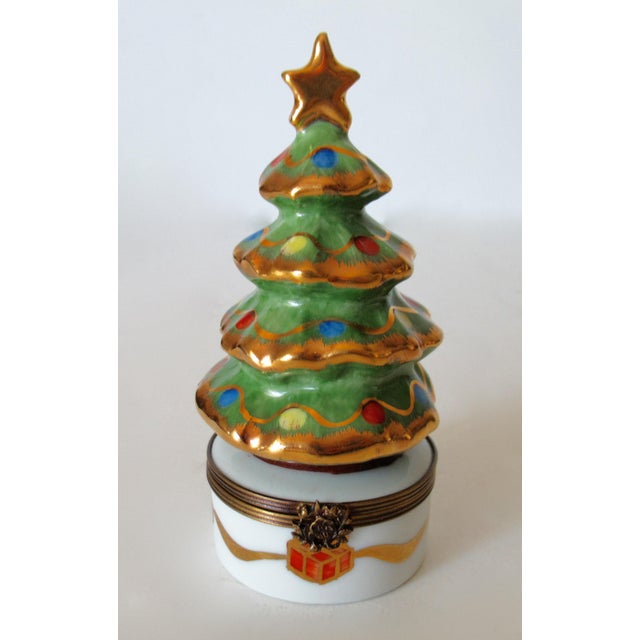 Limoges, France French Hand-Painted Limoges Christmas Tree Lidded Trinket Box For Sale - Image 4 of 8