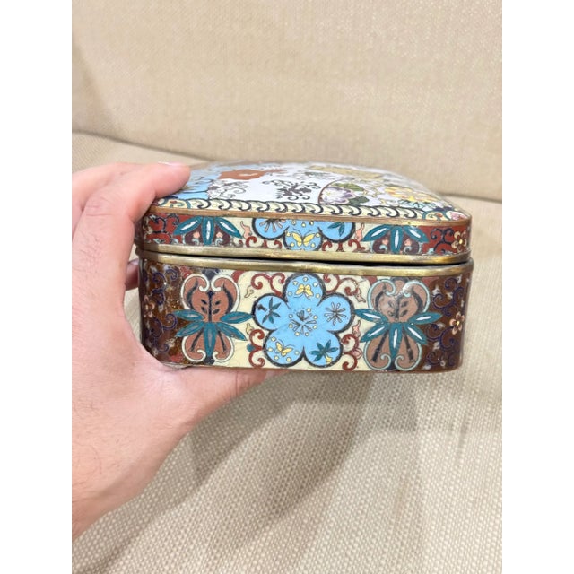 Copper Rare Large Japanese Cloisonne Enamel Theatrical Mythical Mask Box Meiji For Sale - Image 8 of 13