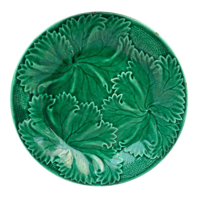 French Green Majolica Leaves Plate Clairefontaine , Circa 1890 For Sale