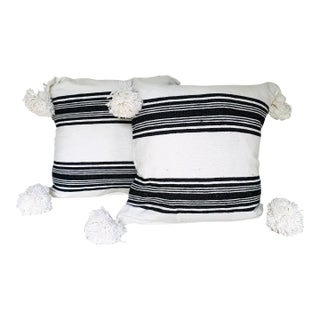 Moroccan Handloomed Pom-Pom Pillows, 19" x 19" - A Pair For Sale