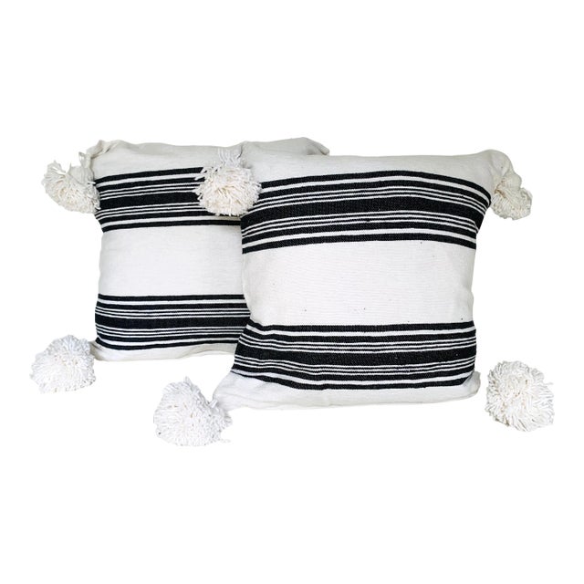 Moroccan Handloomed Pom-Pom Pillows, 19" x 19" - A Pair For Sale