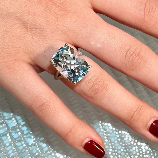 Natural Solitaire Blue Topaz Ring 6.5 14k W Gold 19.58 Cts Certified For Sale - Image 12 of 18