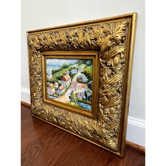 Small Late 20th Century Signed Original Impressionist Painting of Seaside Village With Ornate Gold Frame For Sale - Image 4 of 12