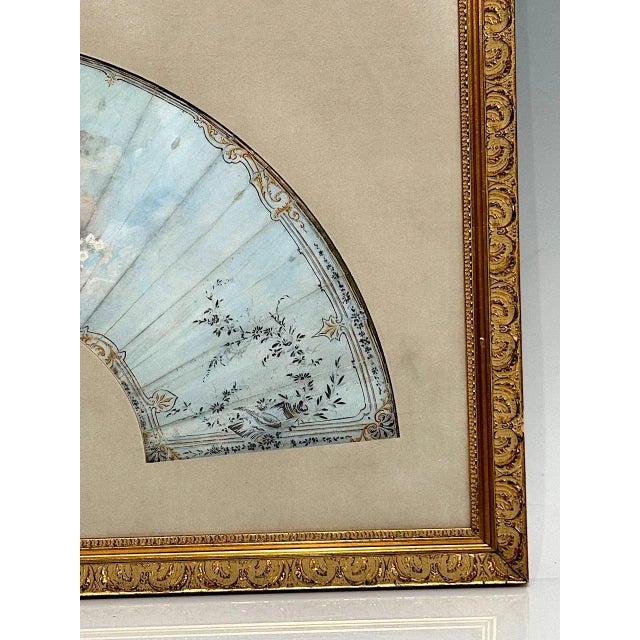 Antique French Louis XV Period Hand Painted Pale Blue Fan in Gilt Frame With Angels and Cherubs For Sale - Image 10 of 13