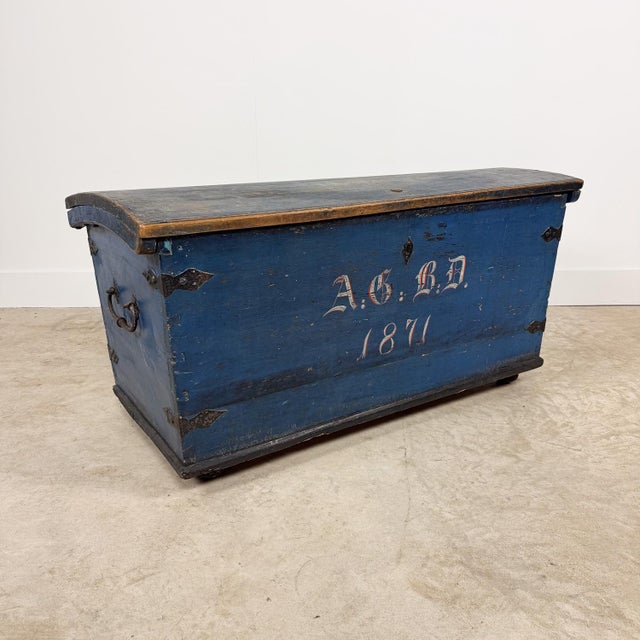 Antique Blue Painted Wooden Chest Dated 1871 For Sale - Image 3 of 16