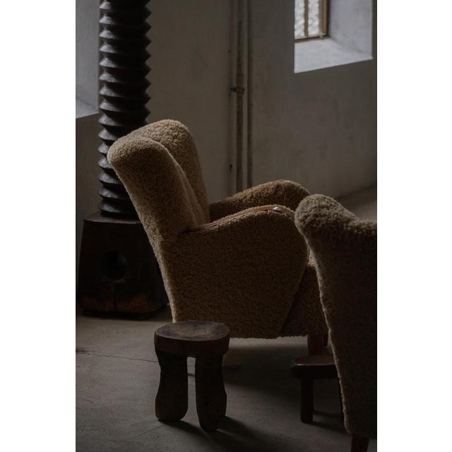 Danish Modern Art Deco Lounge Chairs in Shearling Lambswool & Elm, 1940s, Set of 2 For Sale - Image 14 of 18