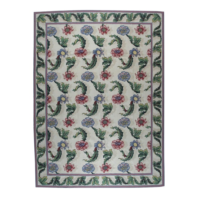 9x12 Vintage Aubusson Flat Weave Wool Rug, Ivory Garden Blossom For Sale