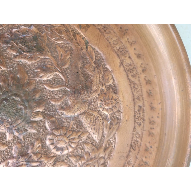 Persian Vintage Persian Hand-Worked Copper Repoussé Wall Charger With Birds & Floral Motif For Sale - Image 3 of 8