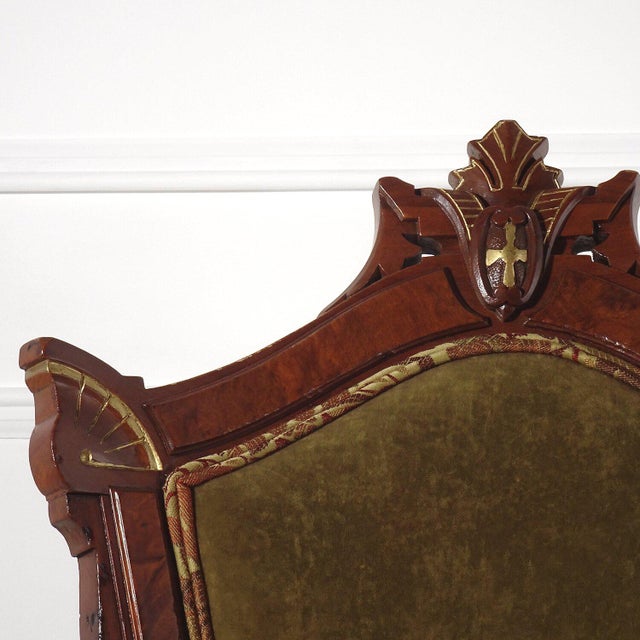 Impeccable pair of Victorian side chairs in green velvet with contrast piping. Accented with burl inlay and gold detailed...