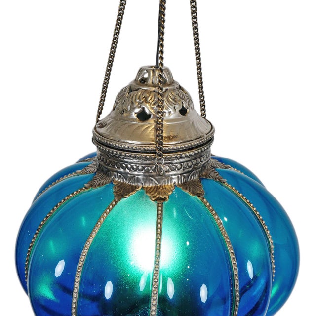 Indian Vintage Turquoise Glass Pumpkin Pendant Light Large For Sale - Image 3 of 5