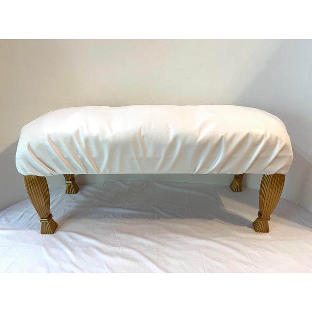 Large White Leather Gold Wood Bench Custom Newly Upholstered Soft White Vegan Leather over solid wood vintage frame with...