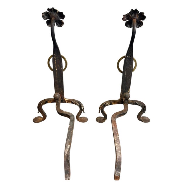 Vintage Brass Hammered Flower Fireplace Andirons For Sale - Image 10 of 10