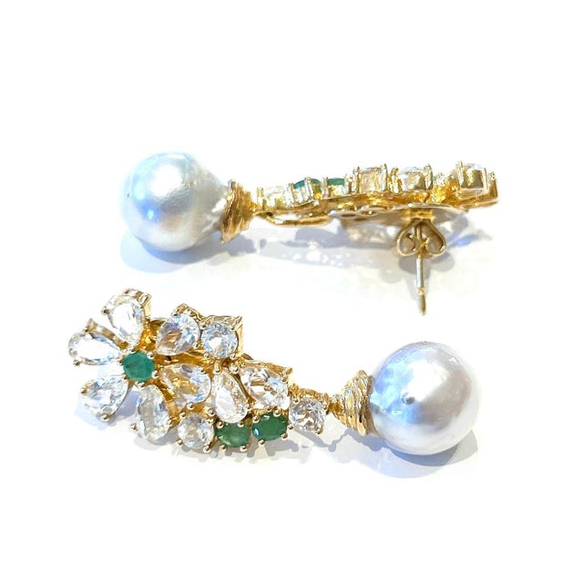 Baroque Bochic “Orient” Vintage Natural Emerald & Pearl Earrings Set 18K Gold & Silver For Sale - Image 3 of 5
