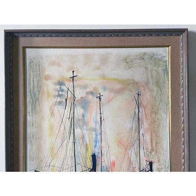 Beautifully painted in a fast an angular mid-century style. Vintage painting on board with vibrant colors that depicts 3...