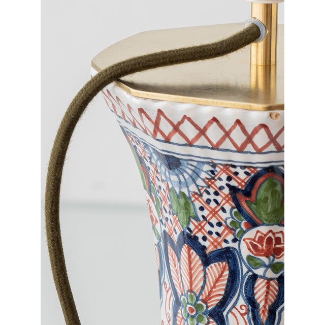 Dutch Delft Table Lamps with New Olive Velvet Drum Lampshades by Makkum, 1940s, Set of 2 For Sale - Image 12 of 17