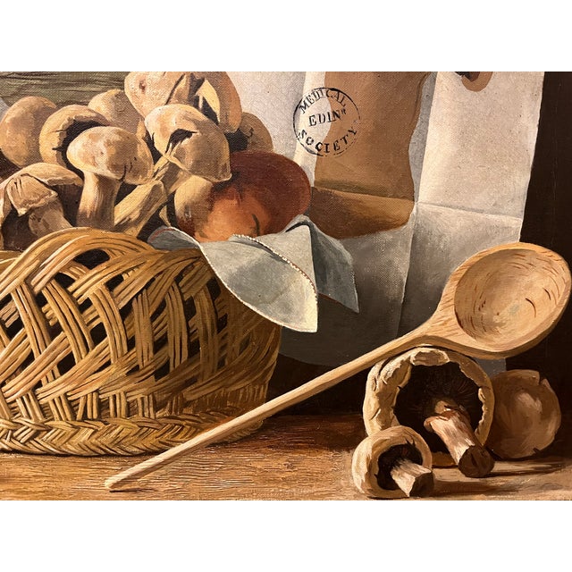 James DeVries French Tromp l'Oeil Still Life Oil Painting on Canvas of Mushrooms - Palm Beach Galleries 1962 For Sale - Image 4 of 18