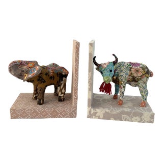 Patchwork Cloth Covered Elephant & Bovine Bookends, a Pair For Sale
