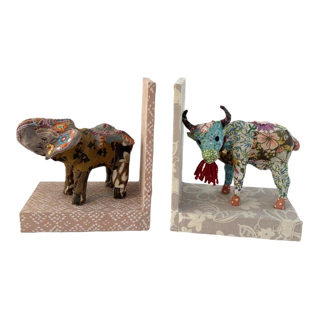 Patchwork Cloth Covered Elephant & Bovine Bookends, a Pair For Sale