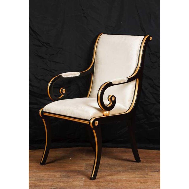 French Empire style black lacquer arm chair - Elegant design with clean understated design - Hand painted gold leaf trim...