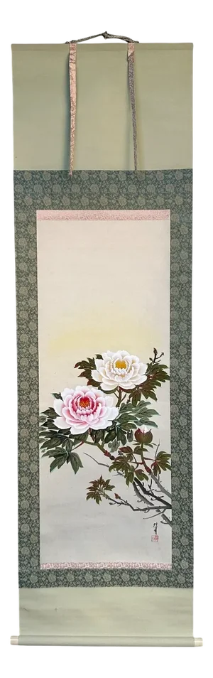 Japanese Kakejiku Hand-Painted Flower Scroll, Shōwa Period, 1950s