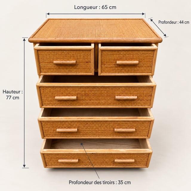 Vintage rattan and wood chest of drawers with woven and caned details in a bohemian/rustic style. Very good condition....